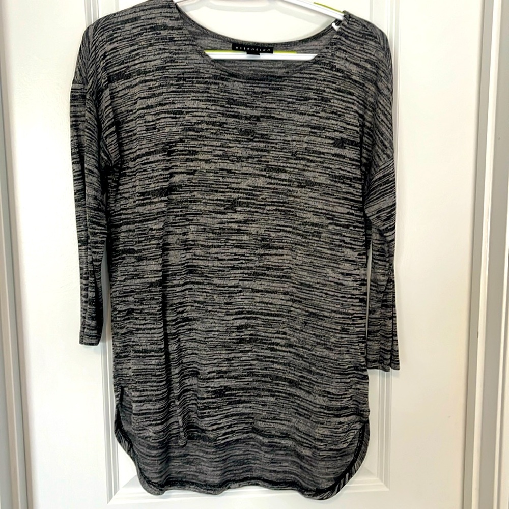 Three quarter sleeve black and grey striped shirt. Size M